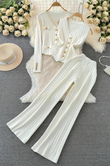 Elegant Cream Striped Pant Suit With Double-breasted Blazer