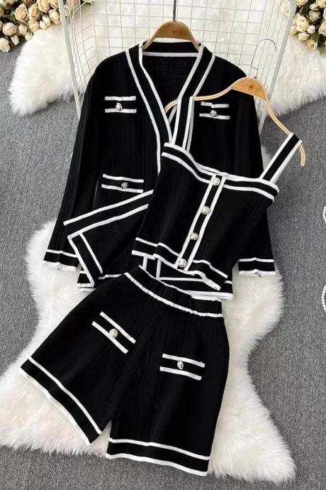 Womens Casual Black And White Pajama Set With Shorts