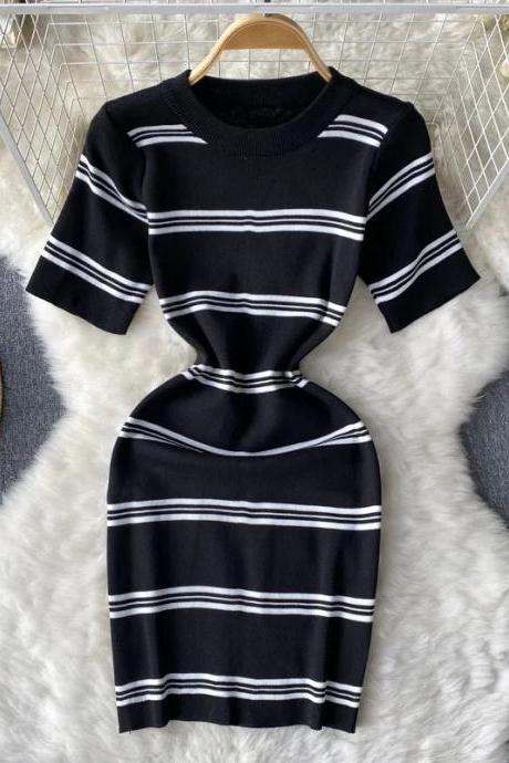 Elegant Black And White Striped Knit Dress For Women