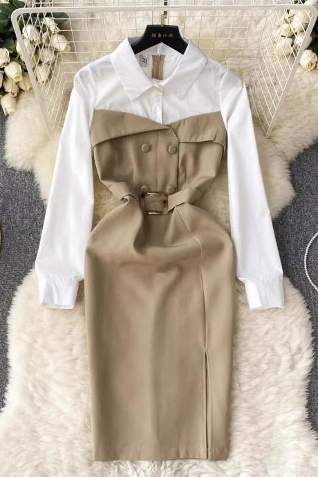 Elegant White Shirt And Tan Belted Dress Combo