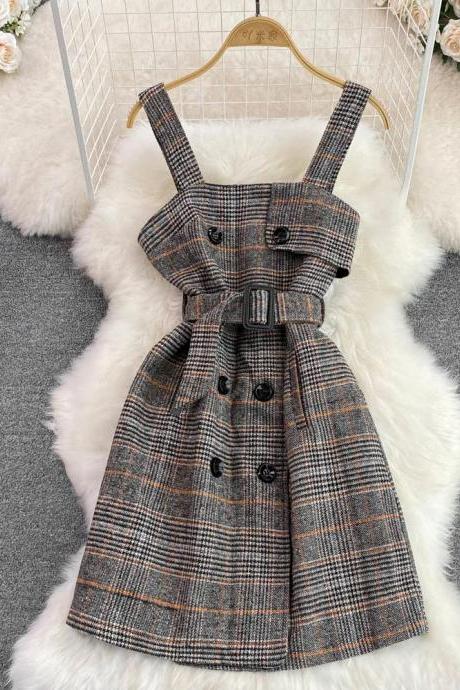 Plaid Sleeveless Mini Dress With Front Buttons