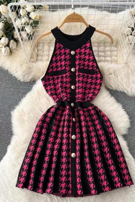 Girls Sleeveless Houndstooth Pattern A-line Dress With Buttons