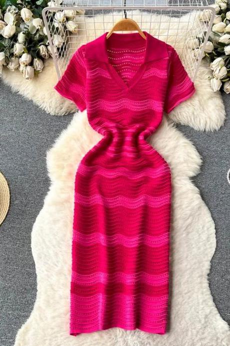 Womens V-neck Midi Knit Dress In Vibrant Pink