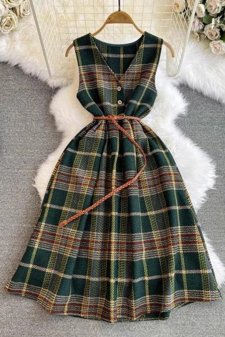 Vintage Sleeveless Plaid Belted A-line Midi Dress
