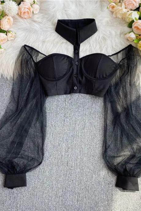 Womens Sheer Sleeve Bustier Top With Collar Black