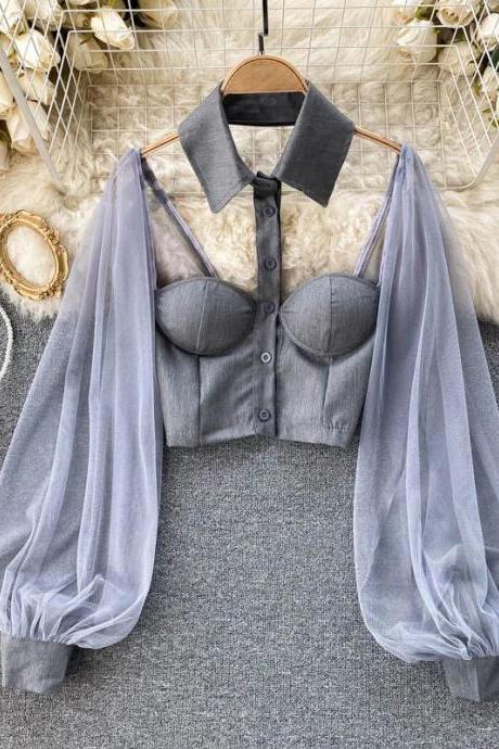 Womens Sheer Sleeve Crop Top With Bustier Design
