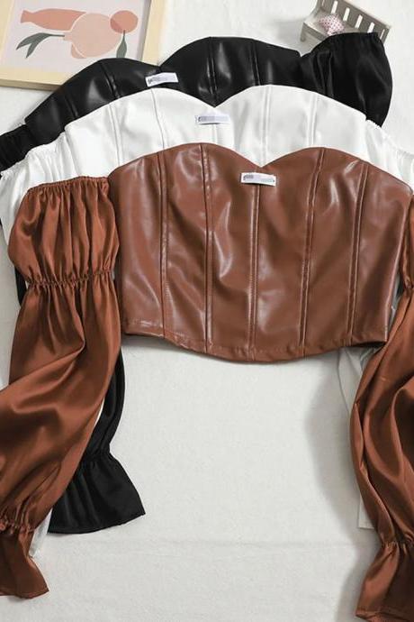 Off-shoulder Faux Leather Puff Sleeve Crop Top