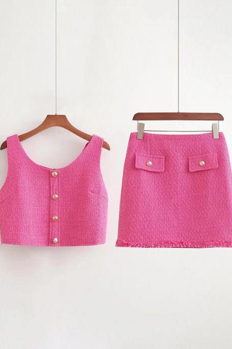 Womens Pink Tweed Crop Top And Skirt Set