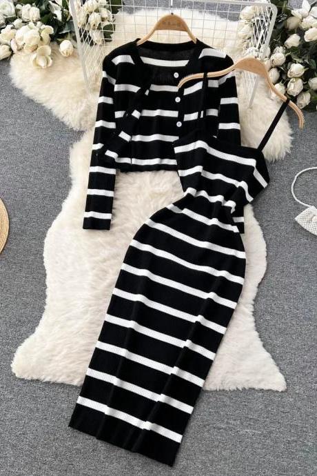 Womens Casual Striped Knit Crop Top And Skirt Set