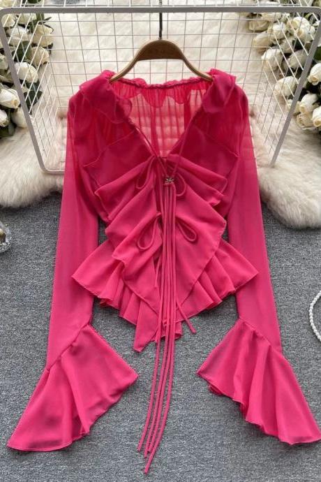 Elegant Pink Ruffle Drawstring Blouse Long Sleeves
