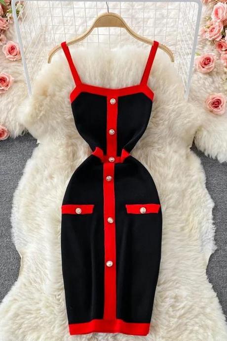 Elegant Black Red Trimmed Midi Dress With Button Details
