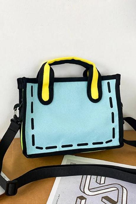 Cartoon Design Blue Felt Handbag With Yellow Accents