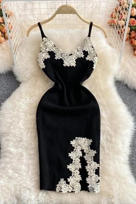 Elegant Black Velvet Lace Trim Cocktail Dress