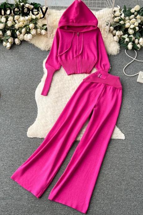 Womens Pink Hoodie And Wide-leg Pants Set