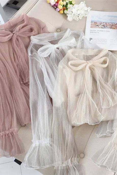 Sheer Pleated Blouse With Self-tie Bow Neckline