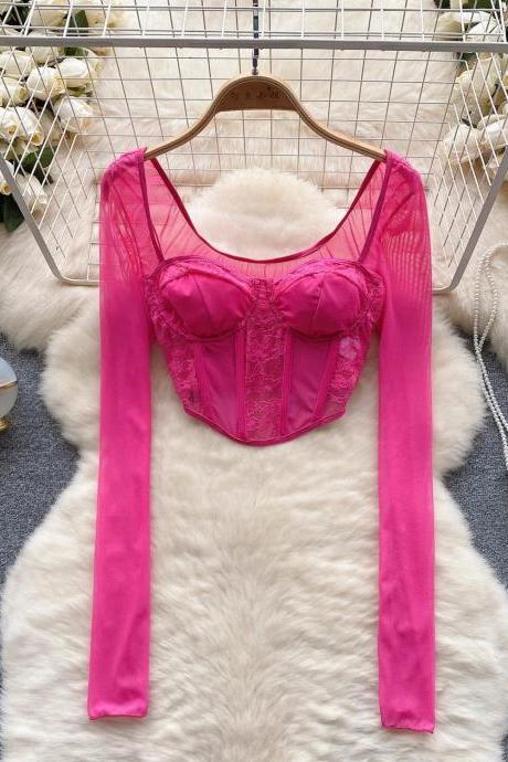 Womens Sheer Sleeve Corset Top Lace Pink Blouse