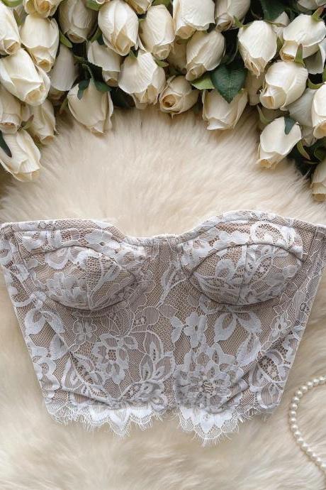 Elegant Floral Lace Strapless Bridal Corset Top