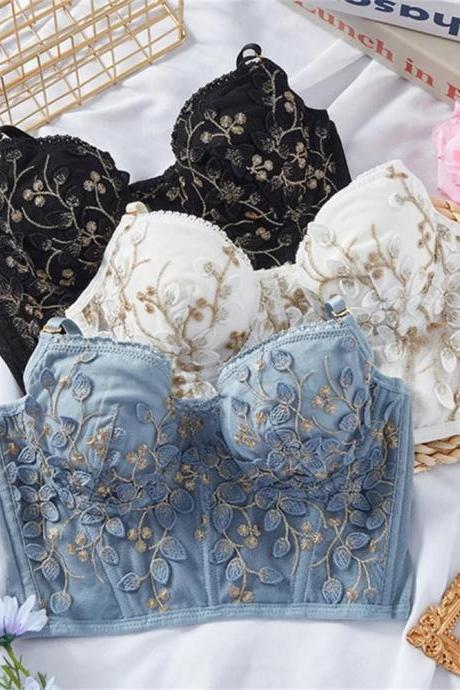 Elegant Floral Lace Embroidered Bralette Set For Women