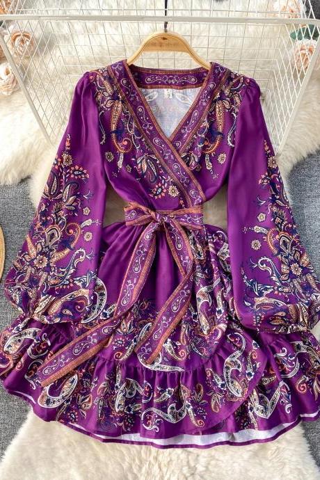 Bohemian V-neck Purple Paisley Print Wrap Dress