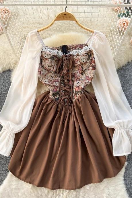 Bohemian Style Lace-up Corset Top Puff Sleeve Dress