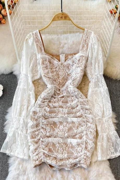 Elegant Long Sleeve Lace Ruffled White Mini Dress