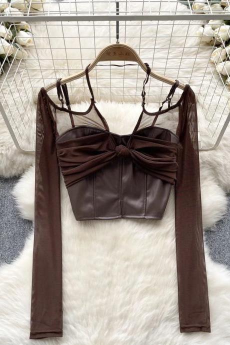 Womens Long Sleeve Bowknot Crop Top Faux Leather