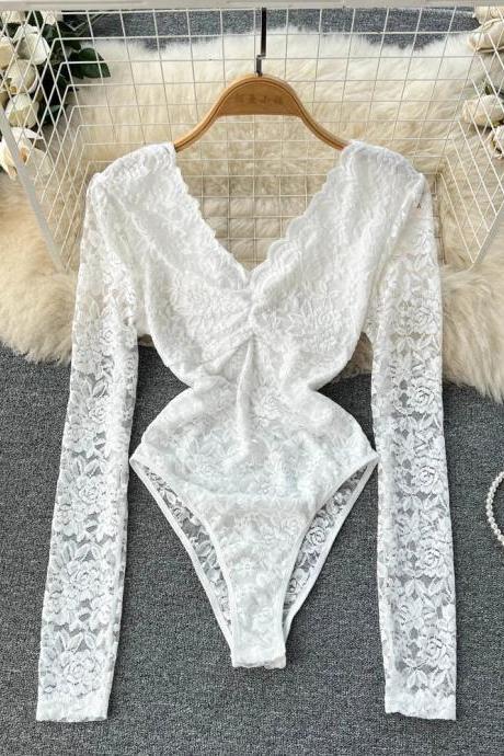 Elegant White Lace Bodysuit Deep V-neck Long Sleeve