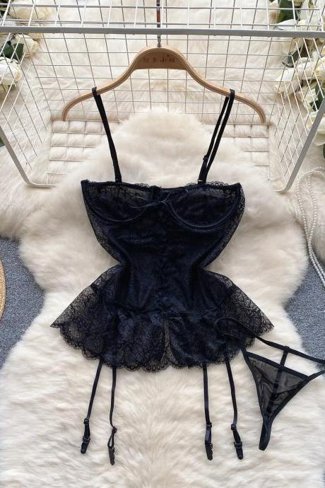 Elegant Black Lace Lingerie Set With Garter Belts
