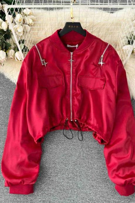 Womens Casual Red Zip-up Cropped Bomber Jacket