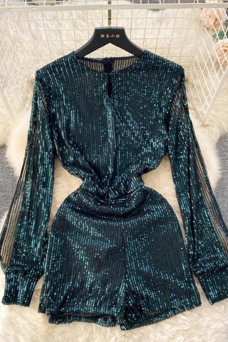 Womens Sequined Long-sleeve Blouse With Cinched Waist