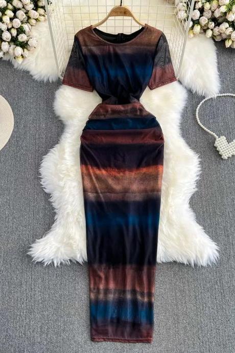 Elegant Tie-dye Sheer Sleeve Maxi Dress For Women