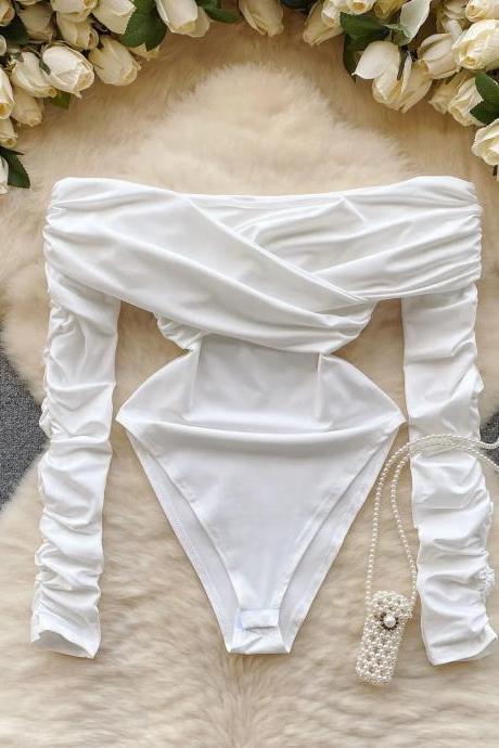 Elegant Off-shoulder White Swimsuit With Long Sleeves