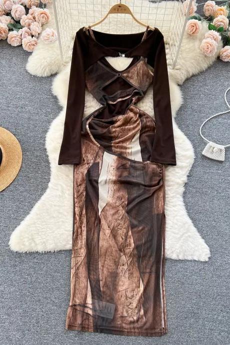 Elegant Long Sleeve Sheer Panel Brown Evening Dress