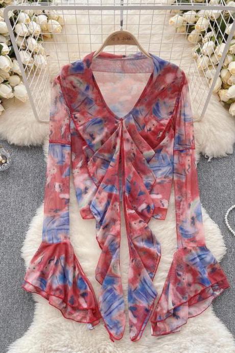 Womens Sheer Tie-front Abstract Print Cardigan Blouse