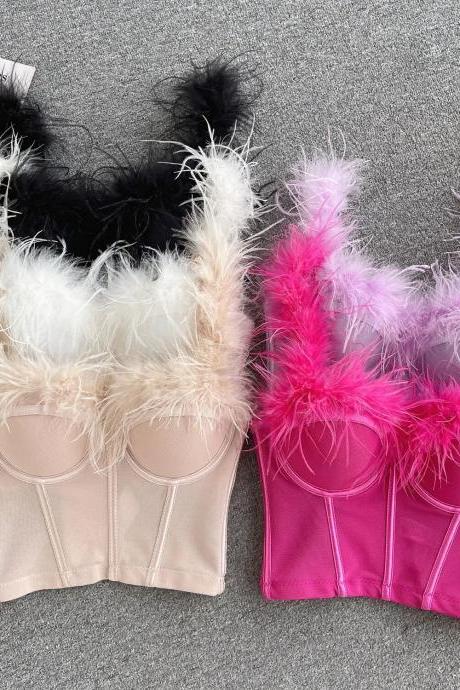 Womens Feather Trim Bustier Crop Tops In Pinkblack