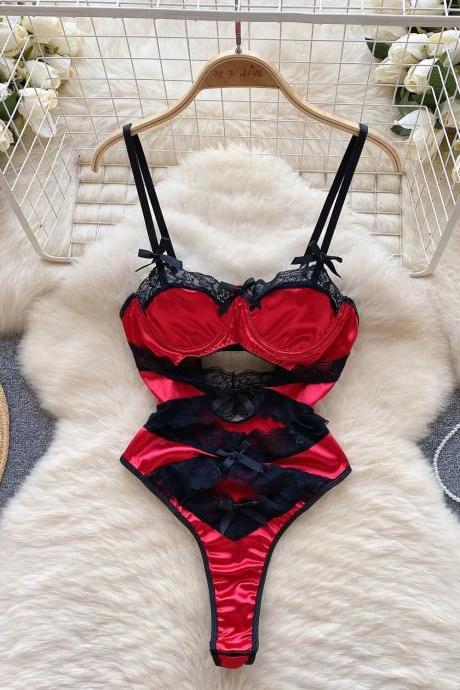 Sexy Red Satin And Black Lace Bodysuit Lingerie