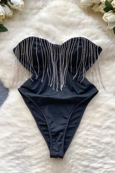 Elegant Beaded Tassel One-piece Swimsuit For Women