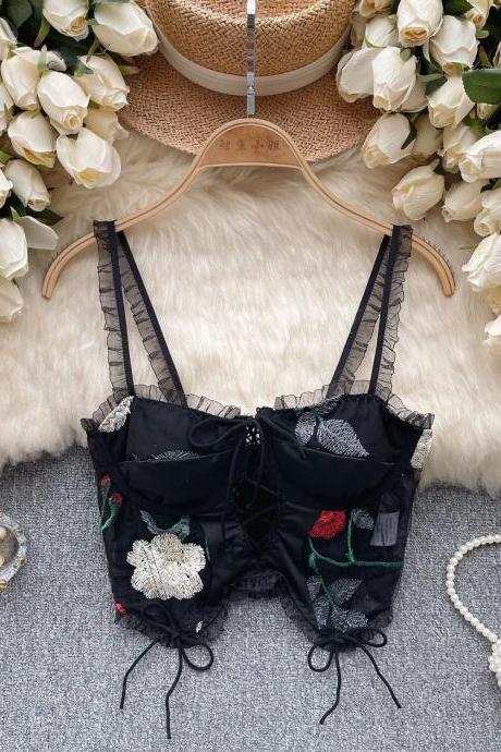 Elegant Floral Embroidered Lace-up Corset Bustier Top