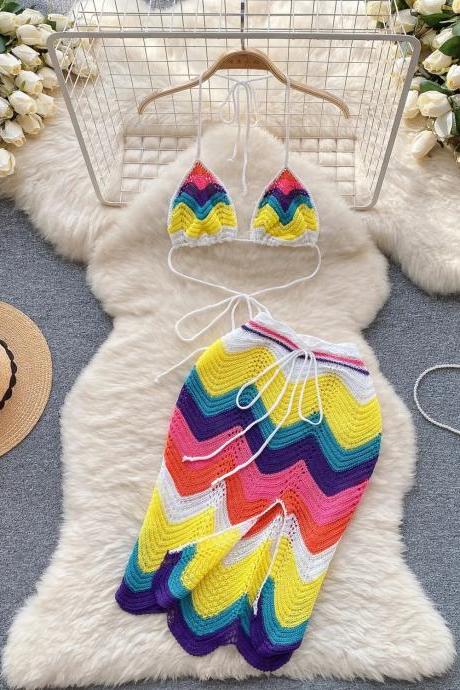 Womens Colorful Chevron Crochet Bikini Set Swimwear