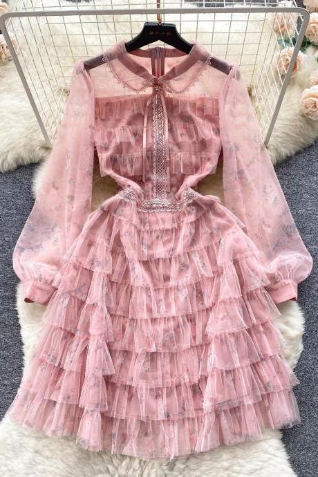 Elegant Pink Floral Lace Tiered Ruffle Dress For Women