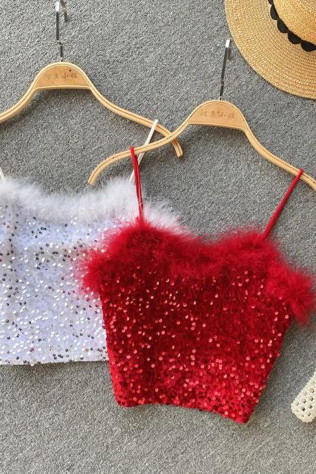 Womens Sparkly Sequin Feather Trim Crop Tops