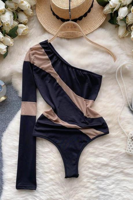 One-shoulder Asymmetric Cutout Swimsuit In Black And Tan