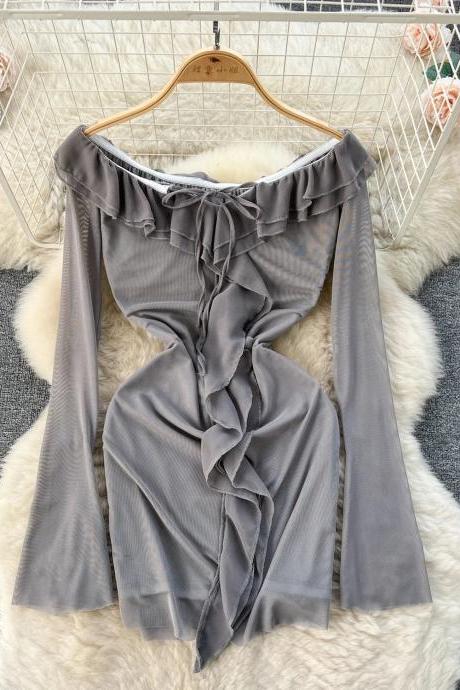 Elegant Long Sleeve Ruffled Neckline Grey Blouse