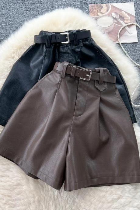 Womens High-waisted Faux Leather Shorts With Belt