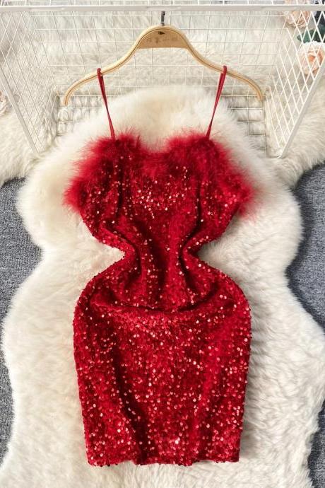 Womens Red Sequin Feather Trim Party Top