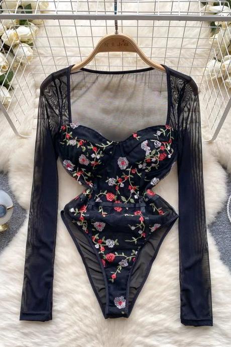 Floral Embroidered Sheer Sleeve Bodysuit Lingerie Black