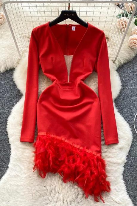 Elegant Red Satin Mini Dress With Feather Trim
