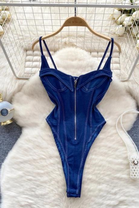 Womens Elegant Navy Blue Zippered Bodysuit Swimwear