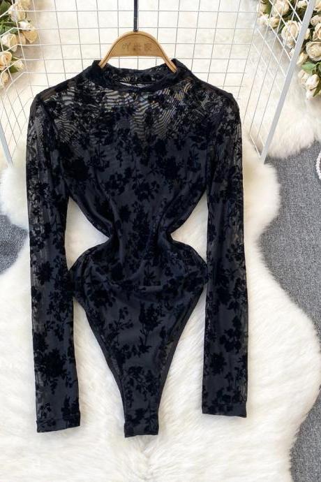 Elegant Black Floral Lace Long Sleeve Bodysuit