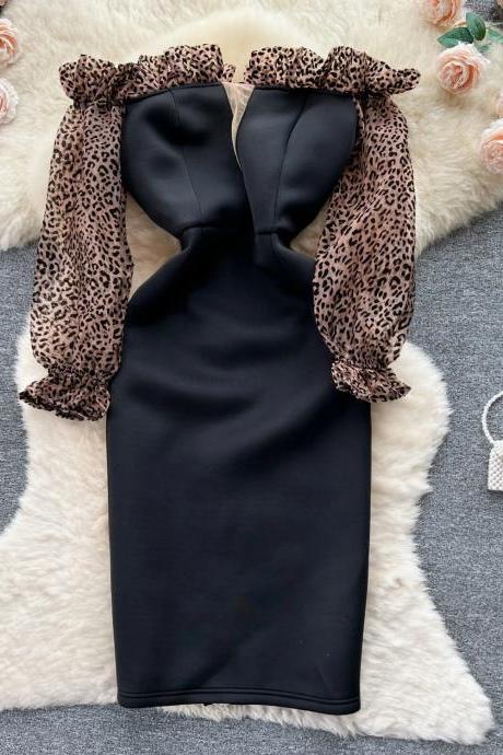 Womens Elegant Leopard Print Sleeve Cocktail Sheath Dress
